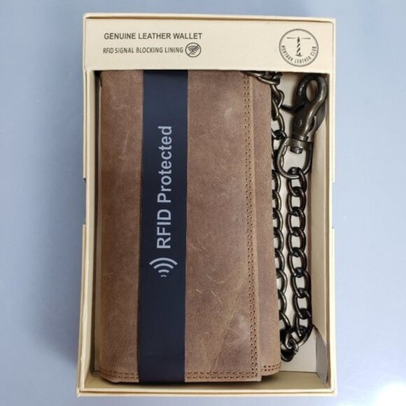 Men's Brown Leather Trifold Motorcycle Chain Deluxe Wallet RFID Check Book - Picture 3 of 6